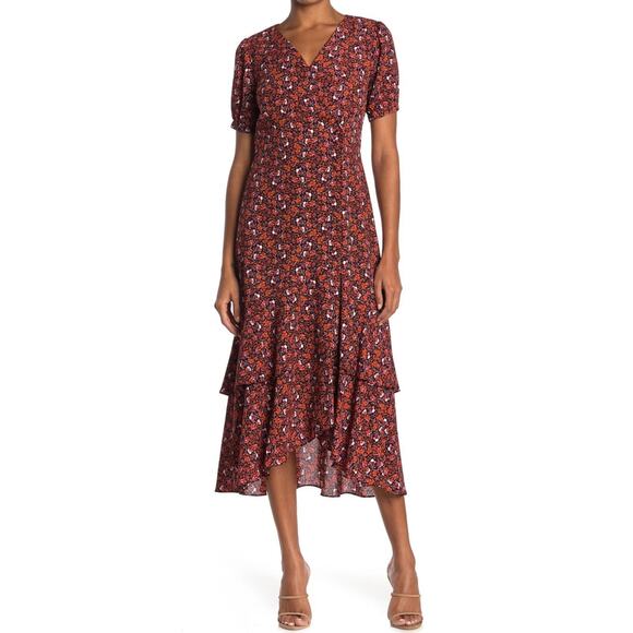 Nanette Lepore Dress Rust Floral Midi Wrap Brown Tiered Ruffle Size 6 - Picture 1 of 8